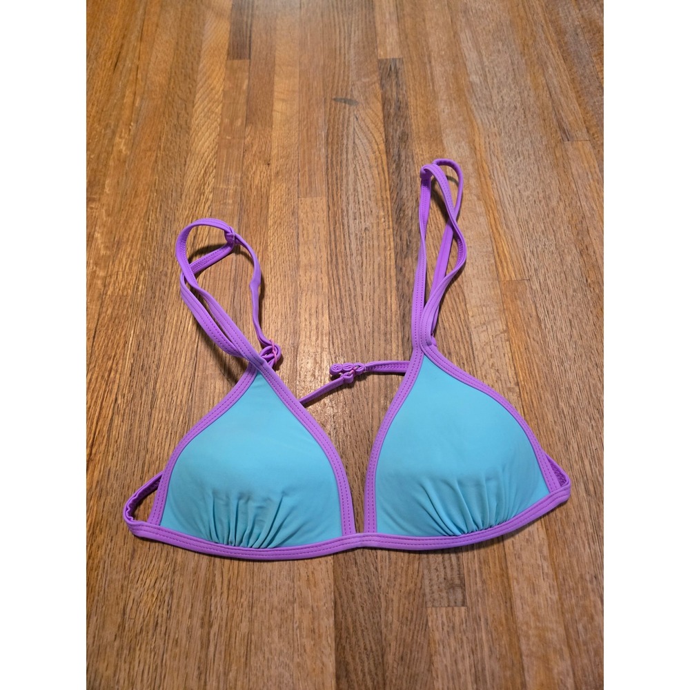 No Boundaries Women Small 3-5 Aqua Blue Purple Trim Triangle Bikini Top